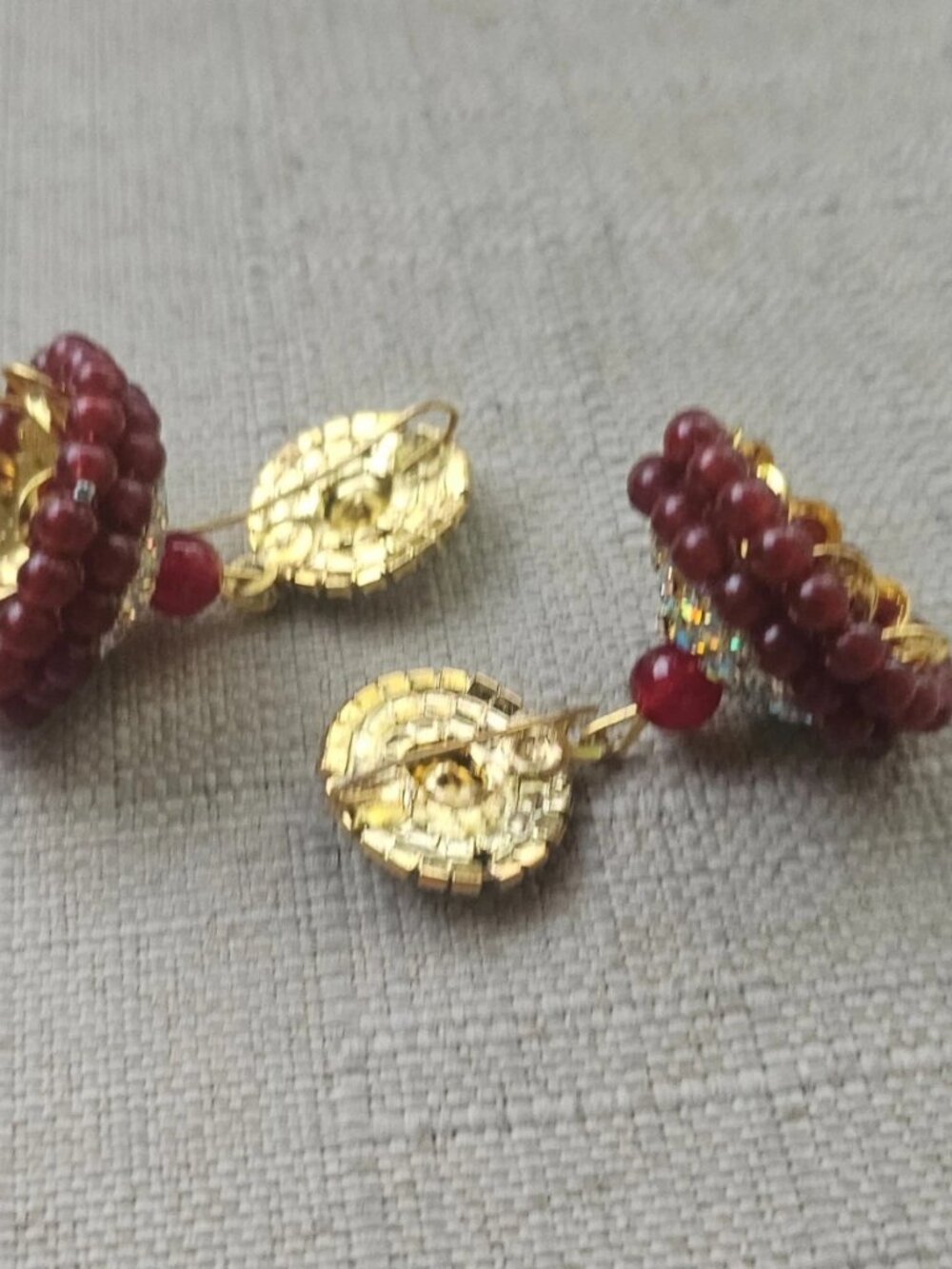 Indian Jhumka Earrings Burgundy Tone Beads Gold Tone Ethnic Fashion Ear Jewelry - Picture 6 of 13
